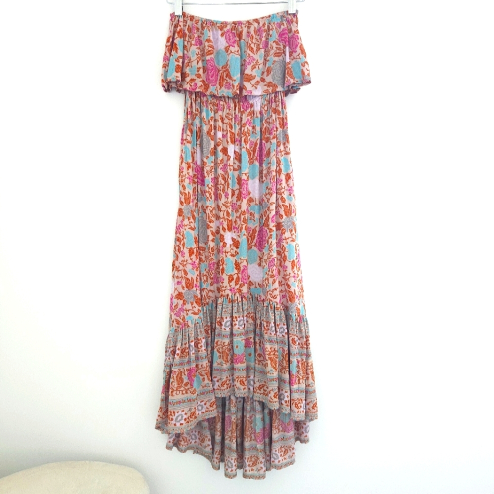 Sea Lustre Floral Bandeu Flounce Smocked Rayon Long Dress